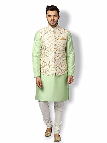 Image of Uri and MacKenzie Men's Silk Blend Regular Kurta Churidar Pyjama with Bundi Nehru Jacket /Waistcoat