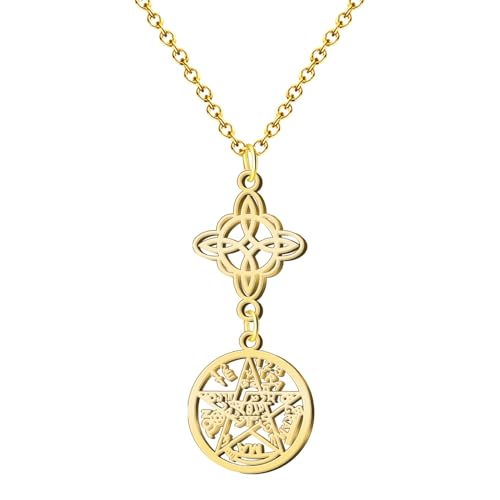 cotigo Collar para Mujer Nudo de Bruja y Tetragramaton Amuleto de Suerte y Protección, Doble Protección, Ojo Turco, Piedras de Chakras, Acero Inoxidable Dorado