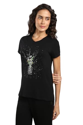 Image of Van Heusen Women Lounge V-Neck Regular Fit Casual Style T-Shirt - Cotton Spandex - Short Sleeve,Ultra Soft, Printed