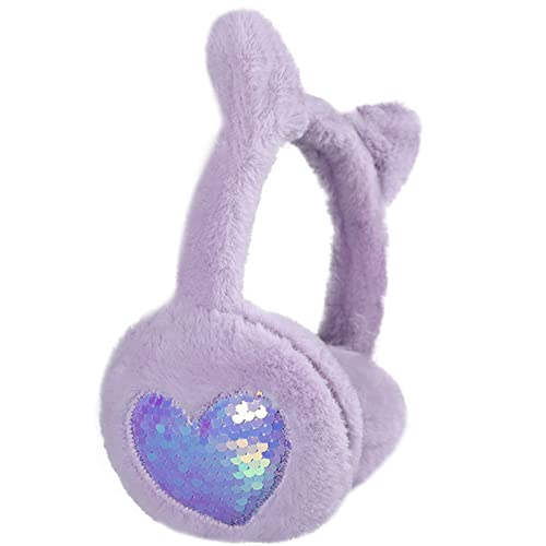 Winter Cat Ear Earmuff Sequin Heart Shape Ear Muff Adjustable Girls Women Ear Warmers Plush Outdoor Ear Covers