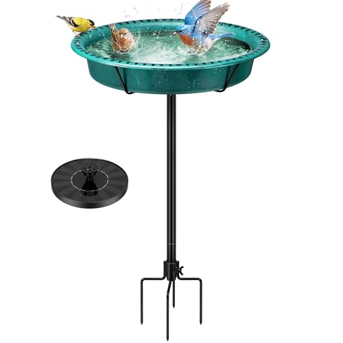 VIVOHOME Oval Bird Bath with Solar Fountain for Outside, Weather-Resistant ABS Birdbath Bowl with Solar Powered Pump, Metal Ground Stake for Outdoor, Garden, 1.3 Gallons, Green