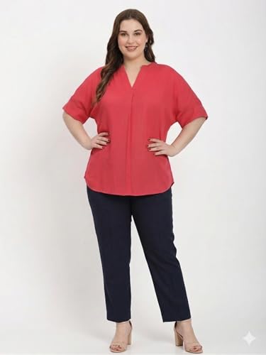 Image of SINDOORI Relaxed Fit Tops for Women Plus Size Solid Printed Mandarin Collar, Band Collar, V-Neck Top, Half Sleeve Loose Fit
