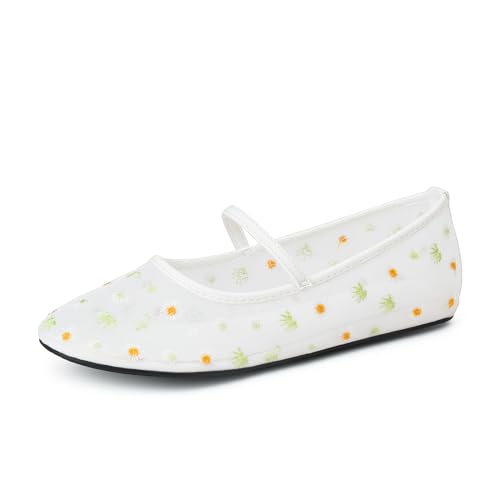 Mesh Flats for Women Mesh Ballet Flat Shoes for Dressy Office Ballerinas Mary Jane Flats with Embroidered
