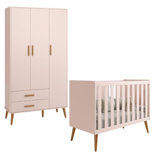 Jogo de Quarto Infantil Isis Guarda Roupa 3 Portas e Berço Rosa - Reller Móveis