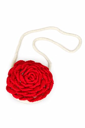 Image of Handmade Crochet Rose Crossbody Bag, Red and Cream, Floral Design, Shoulder Purse with Strap