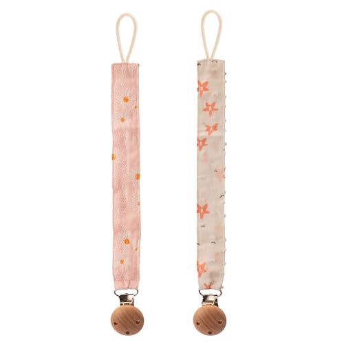 2 StückSchnullerkette Junge Mädchen, Schnullerkette Stoff, Schnullerhalter, Baby Schnullerkette Clip Holz Baumwolleband, Schnullerketten Clips, Geschenke Schnullerband für Kinderwagen Autositz