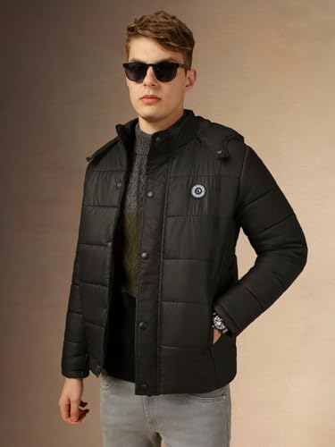 Image of Dennis Lingo Men Black Solid Regular Fit Full Sleeve Hooded Padded Jacket