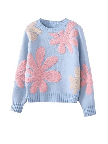 Girl's Floral Print Crew Neck Loose Sweater Long Sleeve Vintage Pullovers Sweater Jumper Tops