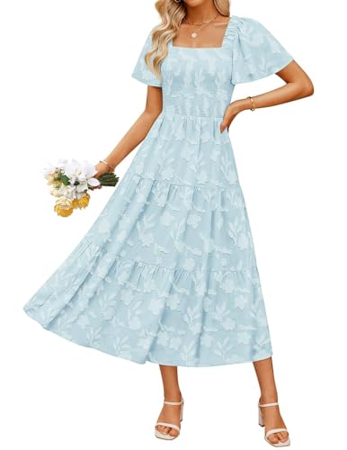 ZESICA Women's Summer Boho Floral Midi Dresses 2025 Casual Short Sleeve Square Neck Flowy Beach Vacation Long Dress,Blue,Small