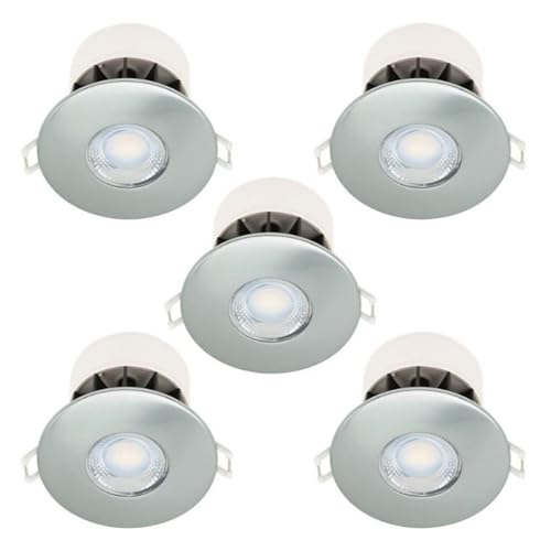 Image of firstchoicelighting Set of 5 Brushed Steel 8W LED Fire Rated Recessed Downlights, IP65 Bathroom Kitchen Ceiling Spots, Dimmable 4000k Integrated LED