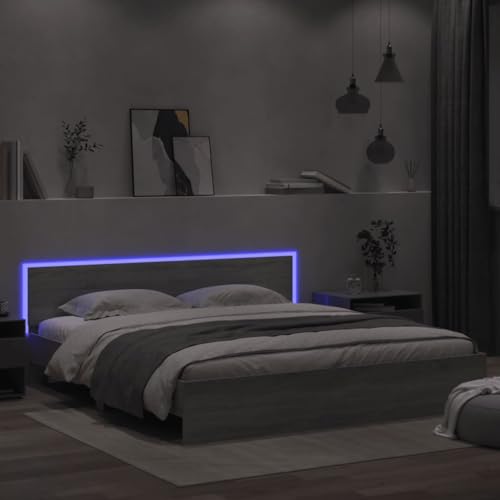 Gecheer Canapé con cabecero y LED, borde de cama clásico elegante, estructura de cama, cama, cuello redondo, individual, doble, moderno, marco de la cama con plataforma de madera, cama gris Sonoma 200