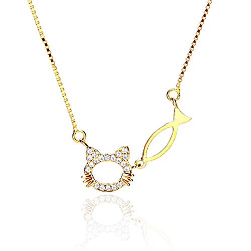Rockyu 猫 ネックレス レディース ゴールド 人気 シルバー925 ジルコニア 魚 猫 ペンダント 仕上げ 純銀ネックレス クリスマス 人気 プレゼントのサムネイル