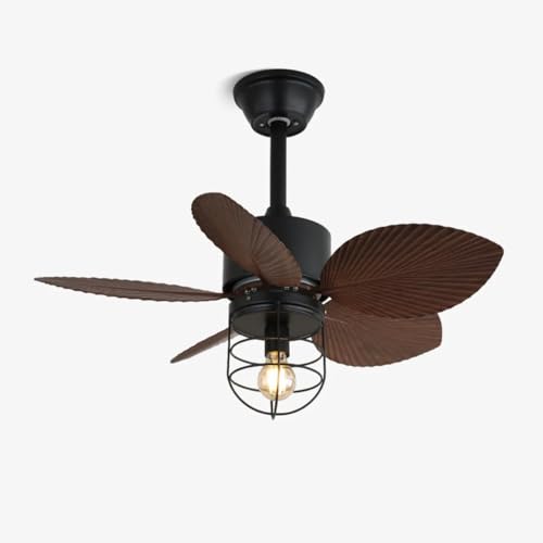 Image of Industrial Cage Ceiling Fan with Warm-White Light|Modern Wooden-Leaf Ceiling Fan with Metal Grill Lamp for Bedroom, Living Room & Cafe|Phoebe