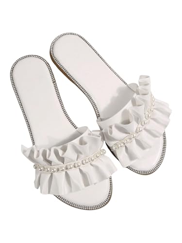 GORGLITTER Women's Rhinestone Pearl Sandals Dressy Ruffle Cute Vacation Weeding Bride Slip on Flat Sandals2