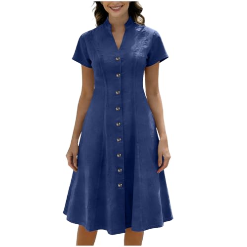 Zeiayuas Denim Dresses for Women Summer Casual V Neck Midi Dress Bitton Down Y2k Streewear Short Sleeve A-Line Pleated Dress Beach Sundress Sexy Ladies Trendy Tunic Dresses Blue