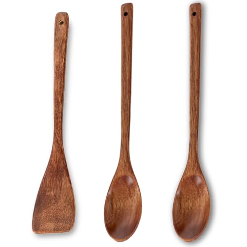 3-Piece Wooden Kitchen Utensil Set: Heat-Resistant Spoons with Long Handles for Cooking, Stirring, Mixing, and Serving