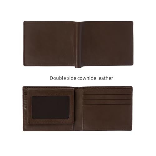 Image of Men's Dark Brown Leather Bifold Wallet RFID Blocking Front Pocket Security Passcase Cowhide Durable Extra Capacity Billfold 6 Credit Cards with Flip-out ID Classic Handmade Gift For Him VINAM-B-03