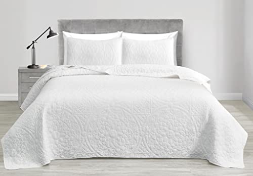 Chezmoi Collection Octavia 3-Piece Floral Medallion Embroidered Bedspread Coverlet Set - All Season Bed Cover Pre-Washed Cotton Quilt Set, Queen Size, White #TOP20