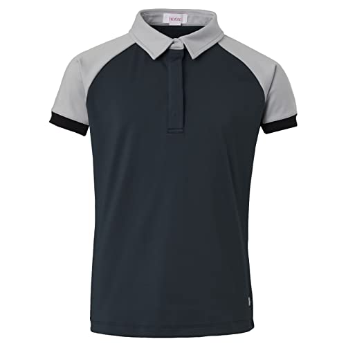 HORZE Laura Kids' Equestrian Moisture Wicking Short Sleeve Training Shirt with Mesh - Obscure Night Blue/Pebble Grey - XL