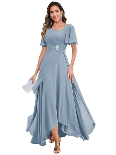 Chiffon Mother of The Bride Dresses for Women Long Beaded V Neck A Line Formal Wedding Guest Dress