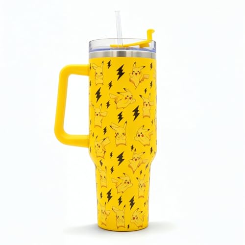 Pokemon Pikachu Gobelet de 1200 ml avec paille et couvercle | Tasse de voyage anti-fuite et anti-déversement | Bouteille d'eau isotherme en acier inoxydable avec poignée pour garder au froid pendant