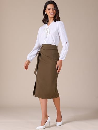 Allegra K Women's Work Wrap Skirts Bow Tie Office Slit High Waist Midi Skirt3