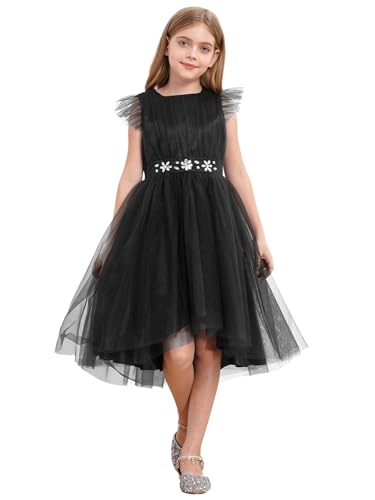 Xnihocha Elegante vestido de niña festivo Midi flores niña vestidos sin mangas vestido de dama de honor vestido de fiesta, Negro , 134-140
