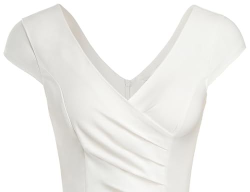 Muxxn MX-7580-WHITE-L Ladies Cut Out Neck High Stretch Pleated Wear To Work Midi Office Dress thumb #6