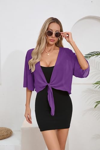 Image of TASAMO Women's 2026 Summer Lightweight Short Bolero Cardigan Shrug Sheer Tie Front Top 3 /4 Sleeve Jacket for Dress