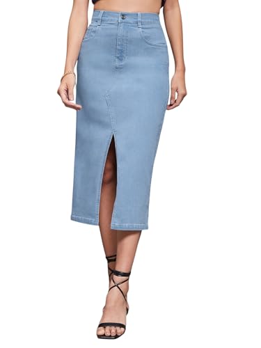 Image of Miss Chase Women's Regular High Rise Above Knee Stretchable Denim Skirt