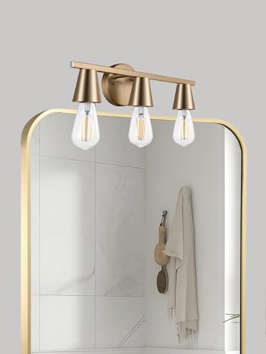 Image of 3-Light Modern Brass Wall Sconces Lighting with Metal Shade, Matte Gold Vanity Light Over Mirror, Rustic Industrial Bathroom Light Fixtures for Living Room Hallway Kitchen Porch E26 Base