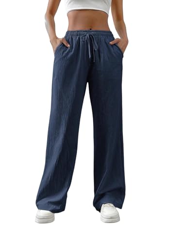 Floerns Women's Elastic High Waist Drawstring Pants Straight Leg Summer Trousers