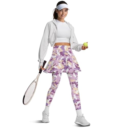 Xoenoiee Camo Pattern Tennis Skirted Leggings with Pockets for Women Active Skort Athletic Ruffle Pleated Golf Leggings with Skirt, XS