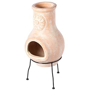 Outdoor Beige Clay Chiminea Outdoor Fireplace Sun Design Charcoal Burning Fire Pit with Sturdy Metal Stand Barbecue Cocktail Party Family Gathering Cozy Nights Fire Pit