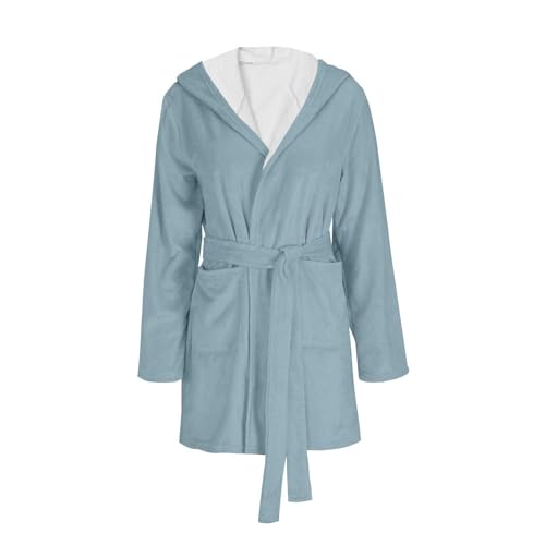 TDEOK Women's Bathrobe Short Fluffy Cuddly Dressing Gown House Coat Kimono Sleepwear Long Sleeve Sauna Gown with Hood Belt Oversized Loungewear Comfortable Fluffy Pyjamas Plush Bathrobe, gray, L