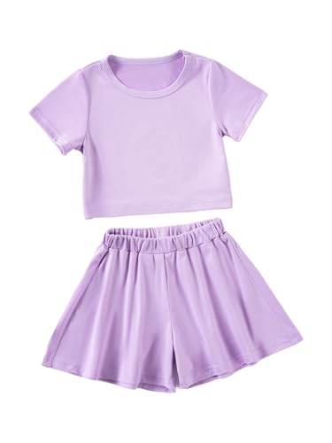 Hansber Kids Girls 2-Piece Solid Color Sports Outfit Round Neck T-shirt with Shorts for Exercise Workout Purple 2-3 Years