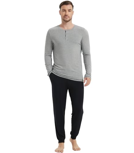Image of NACHILA Mens Pajamas Set Long Sleeve Henley Sleepwear Top Soft Jogger Pants Pajamas Cool Pjs Set,Viscose Made from Bamboo