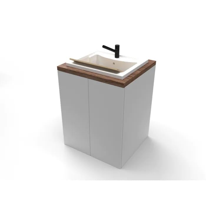 Bissolo Casa Lavatoio con Mobile 71x65 cm Bianco Lucido, 2 Ante Push-Pull, Vasca Metacrilato, Top Noce, Asse Legno Incluso