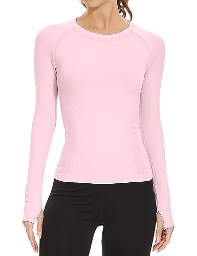 Image of MathCat Workout Shirts for Women Long Sleeve, Workout Tops for Women, Quick Dry Gym Athletic Tops，Seamless Yoga Shirts XS-XL Lightpink