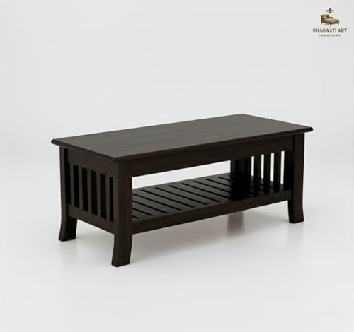 Image of Solid Sheesham Wood Coffee Table for Living Room | Wooden Rectangle Coffee /Tea Table with Storage |Center Table with Storage Teapoye for Home, Living Room, Balcony (Walnut Finish)