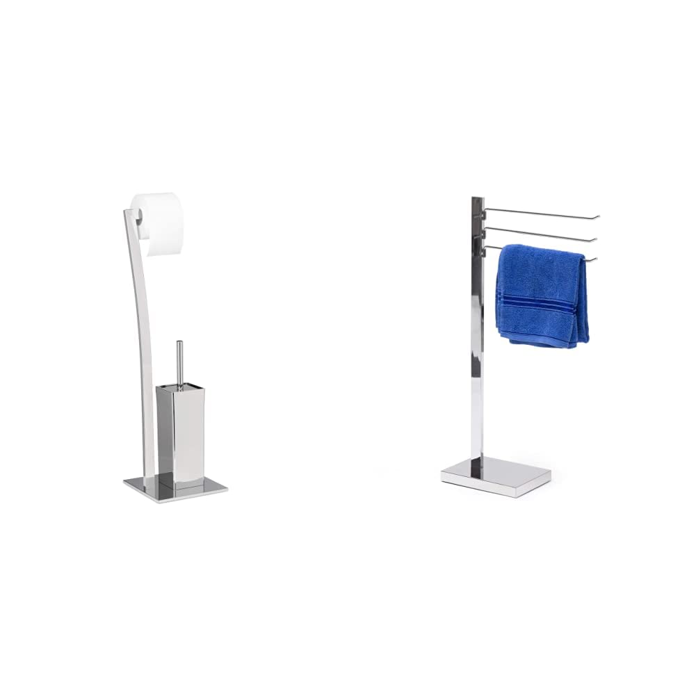 Relaxdays Set da Accessori per WC, Porta Scopino in Acciaio Inox, Piantana Portarotolo HLP 71 x 20 x 20 cm, Argentato & Porta asciugamani da Terra, Bagno, 3 Bracci, Portasciugamani in Acciao Cromato