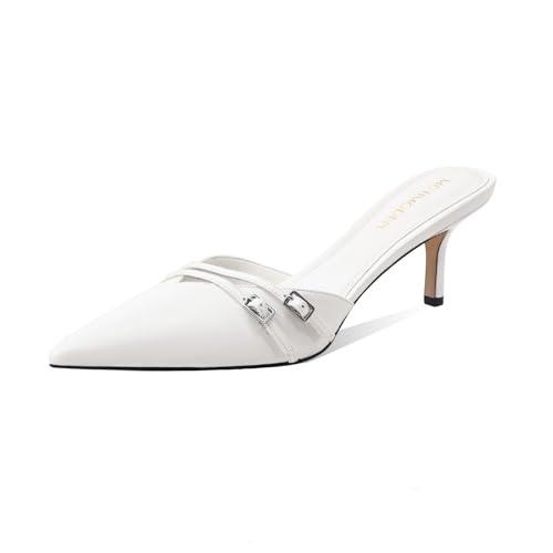 Women's White Kitten Heels Mules for Women Pointed Closed Toe Slip On Stiletto Heel Pumps Backless Vintage Sandals Buckle Mules Sexy Dress Shoes Trendy