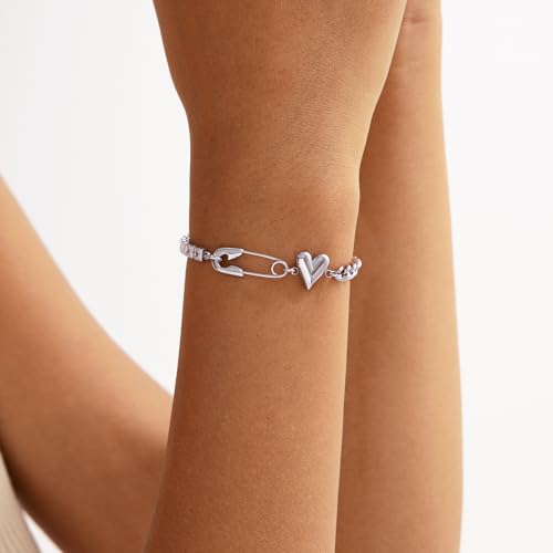Silver Bracelets for Women Stainless Steel Non Tarnish Gold Cross/Heart Charm Bracelet Dainty Safety Pin Link Chain Bracelets Love Gifts for Women4