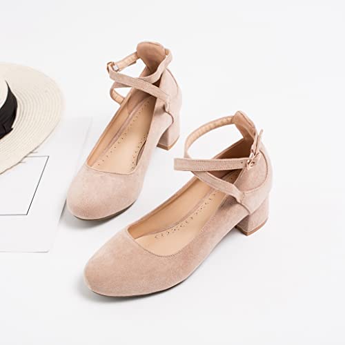 MIOKE Women's Square Toe Buckle Pump Loafer Slip-On Suede Chunky Block Mid Heel Casual Office Dress Shoes3