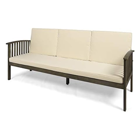 Great Deal Furniture Breenda Outdoor Acacia Wood Sofa with Cushions, Gray and Cream Cover
