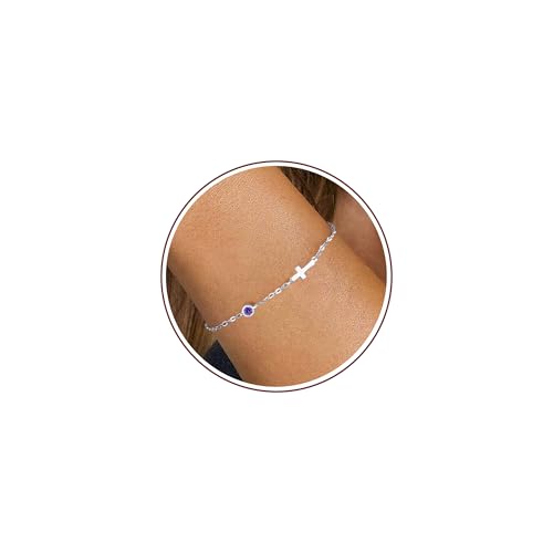 Cross Bracelet with Birthstone Dainty Gold Bracelets for Women Birthday Gift Christian Gifts for Her Religious Faith Baptism Confirmation Gifts for Teen Girls Christmas Jewelry for Sister Daughter Granddaughter Girlfriend