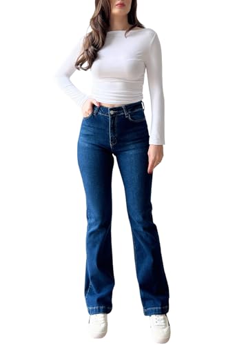 TodTan Women Flare Jeans High Waisted Bell Bottom Stretch Boyfriend Casual Denim Pants, Dark Blue, M