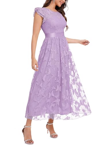 Image of Women's Casual Tulle Midi Dress Ruffle Sleeve Crewneck Lace Flowy Dresses Party Wedding Guest Sundress
