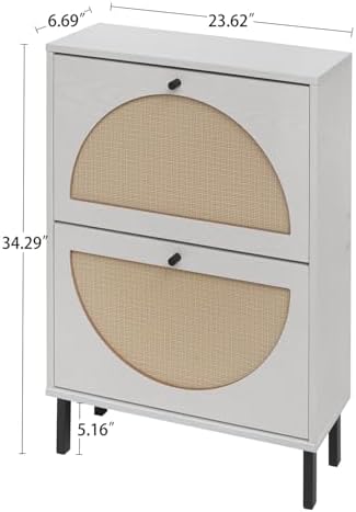 ZeHuoGe Rattan Shoe Cabinet with 2 Flip Drawers, Narrow Hidden Shoe Rack, Storage Cabinet for Entryway, Shoe Organizer with Rattan Doors (Pearl White)