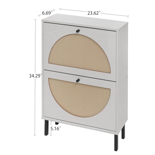 ZeHuoGe Rattan Shoe Cabinet with 2 Flip Drawers, Narrow Hidden Shoe Rack, Storage Cabinet for Entryway, Shoe Organizer with Rattan Doors (Pearl White)
